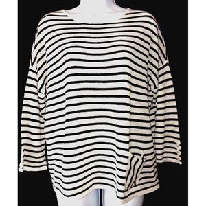 J.JILL Small White w/ Black Stripes Linen/Cotton Pullover 3/4" Sleeve Round Neck